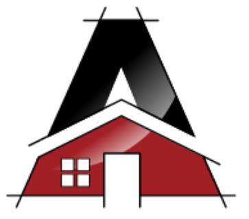 A red house with a black triangle on top of it